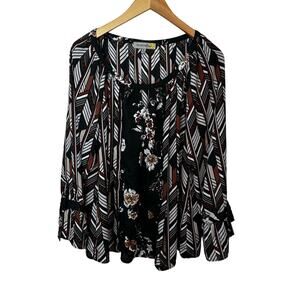 Figueroa & Flower Top Womens XL Black Geo Floral Print Boho Peasant Flowy Blouse